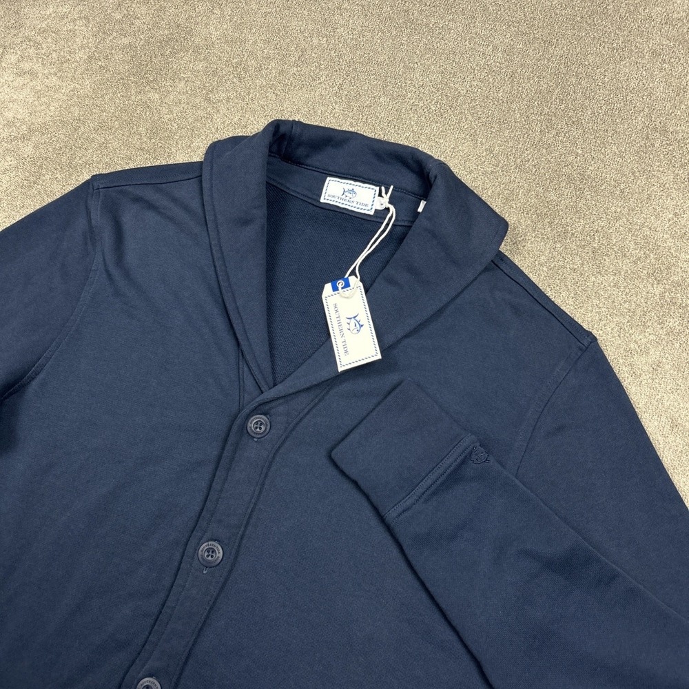 NEW Southern Tide Sweater Mens Medium Navy Blue Shawl Collar Button Up